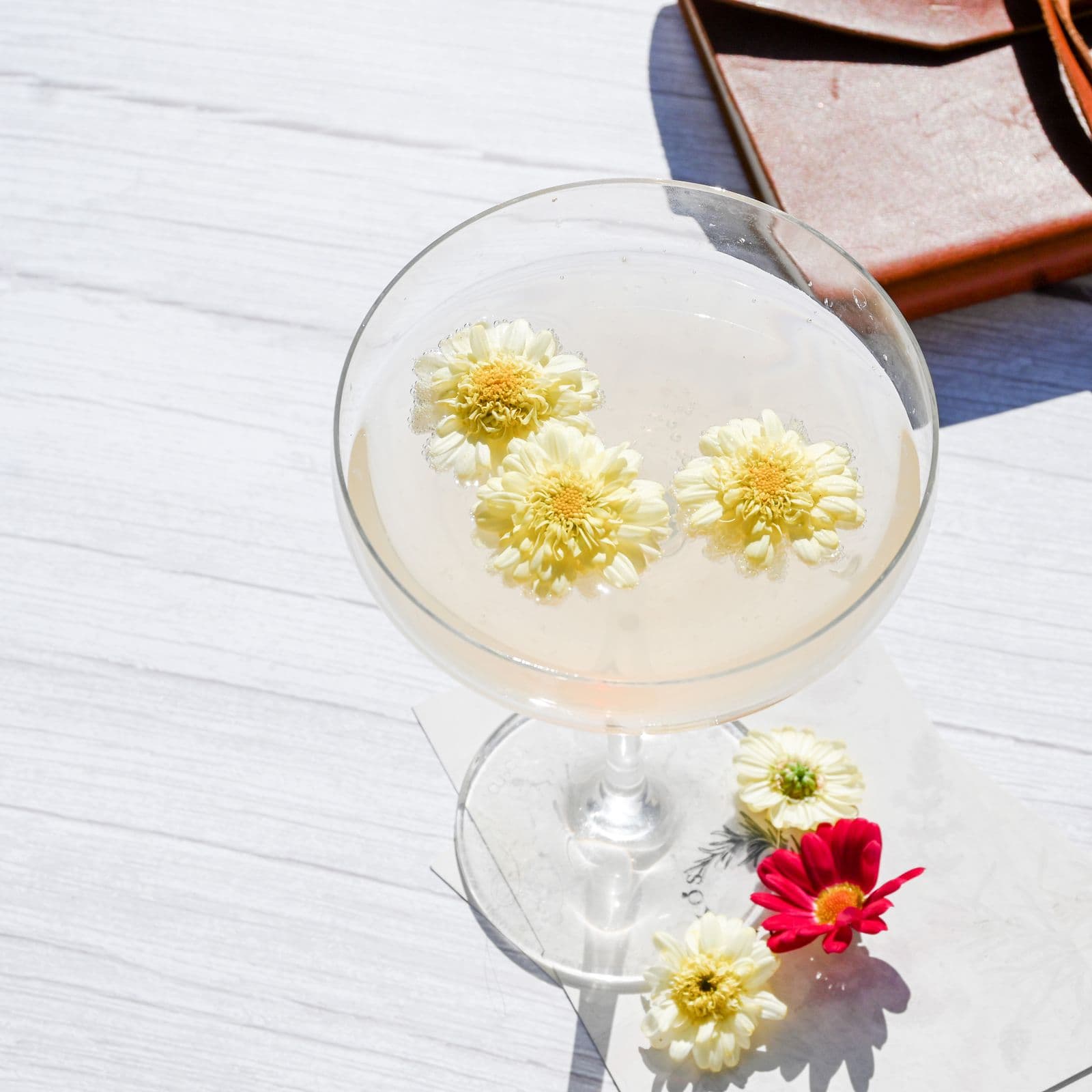 A pale, clear drink in a coupe with small white chrysanthemums floating on top, on a white wooden table in sunlight