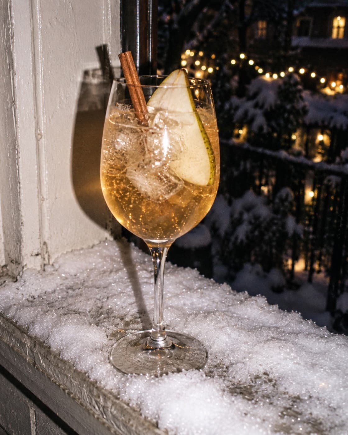 Zero-proof spiced pear spritz, flash photo