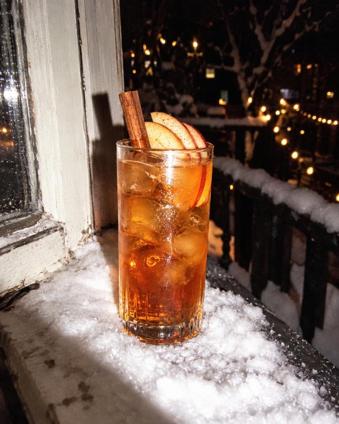 Zero-proof spiced cider highball, flash photo